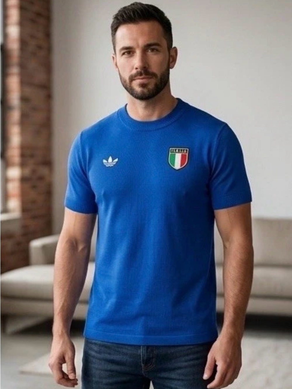 adidas Blue Short-Sleeve Crest Tee with White Trefoil